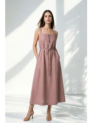 Setre Gül Kurusu Belden Bağlama ve Düğme Detaylı Kalın Askılı Elbise