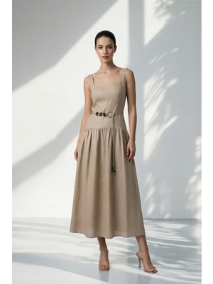 Setre Camel Kalın Askı ve Bel Detaylı Tam Kalıp Rahat Kesim Elbise