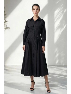 Setre Siyah Gömlek Detaylı Uzun Kollu Belden Oturtmalı Rahat Kesim Elbise