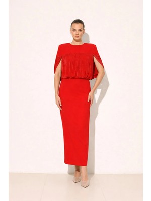 Setre Kırmızı Hacimli Üst Detaylı, Uzun Tam Kalıp Form Elbise