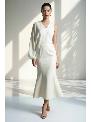 Setre Krem V Yaka Tek Omuz Asimetrik Kumaş Detaylı Elbise