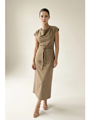 Setre Camel Bel Detaylı Kısa Kollu Elbise