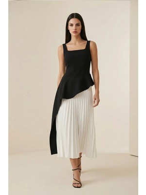 Setre Ekru-Siyah Bel ve Pilise Detaylı Kalın Askılı Midi Elbise