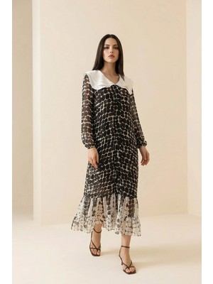 Setre Kahve-Ekru Yaka Detaylı Uzun Kollu Desenli Midi Elbise