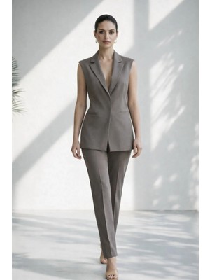 Setre Haki Kolsuz Tak Kalıp Yelek Pantolonlu Takım