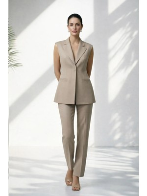 Setre Bej Kolsuz Tak Kalıp Yelek Pantolonlu Takım