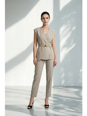 Setre Bej Kemer Detaylı Yelek Pantolonlu Takım