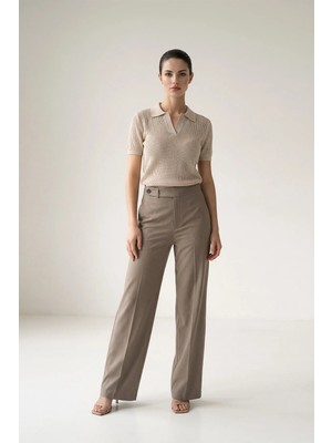 Setre Vizon Yüksek Bel Pile Detaylı Esnek Pantolon