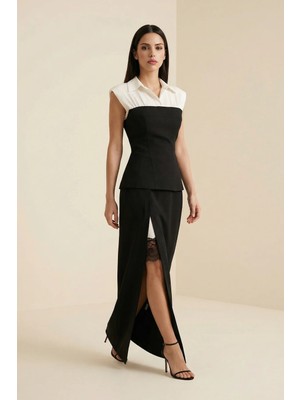 Setre Ekru-Siyah Kolsuz Tam Kalıp Bluz