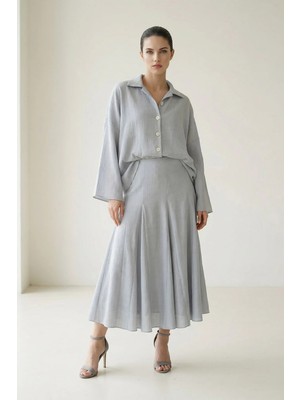 Setre Bebe Mavi Yaka Detaylı Uzun Kollu Gömlek Rahat Kesim Pileli Etek Takım