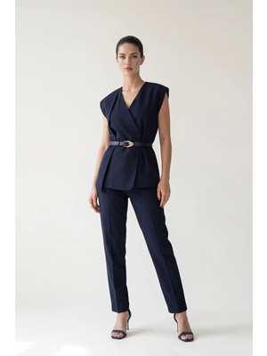 Setre Lacivert Kemer Detaylı Yelek Pantolonlu Takım