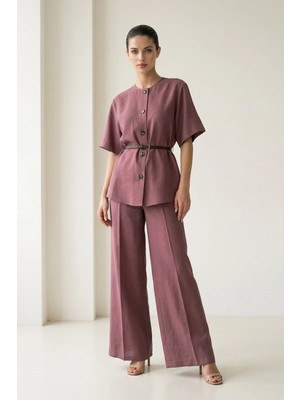 Setre Bordo Kısa Kollu Kemer Detaylı Gömlek Rahat Kesim Pantolonlu Takım