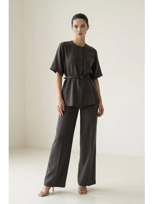 Setre Acı-Kahve Kısa Kollu Kemer Detaylı Gömlek Rahat Kesim Pantolonlu Takım