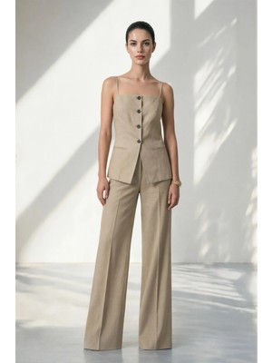 Setre Bej %100 Keten Ince Askı ve Düğme Detaylı Yelek Rahat Kesim Pantolonlu Takım