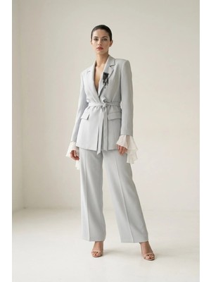 Setre Su Yeşili Kol ve Yaka Detaylı Ceket Tam Kalıp Pantolonlu Takım