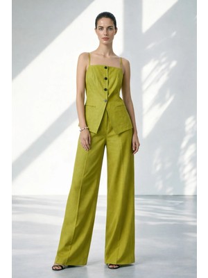 Setre Yağ Yeşili %100 Keten Ince Askı ve Düğme Detaylı Yelek Rahat Kesim Pantolonlu Takım