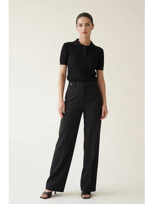 Setre Siyah Yüksek Bel Pile Detaylı Esnek Pantolon