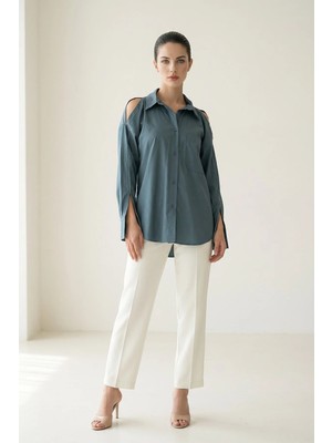 Setre Kuvars %100 Pamuk Omuz ve Kol Detaylı Rahat Kesim Gömlek