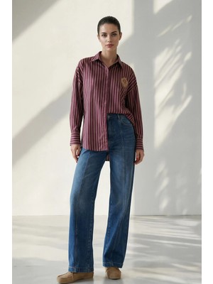 Setre Bordo Çizgili Nakış Detaylı Uzun Kollu Çizgili Gömlek