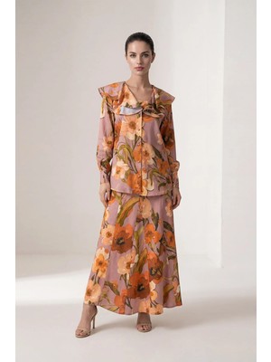 Setre Oranj Yaka Detaylı Uzun Kollu Desenli Gömlek