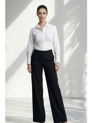 Setre Ekru %100 Pamuk Uzun Kollu Bel Detaylı Gömlek