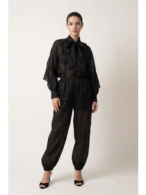Setre Siyah %100 Keten Bilek Detaylı Rahat Kesim Pantolon