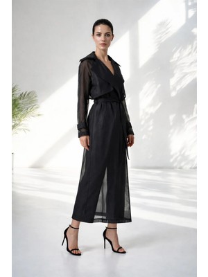 Setre Siyah Yaka ve Kol Detaylı Rahat Kesim Trençkot