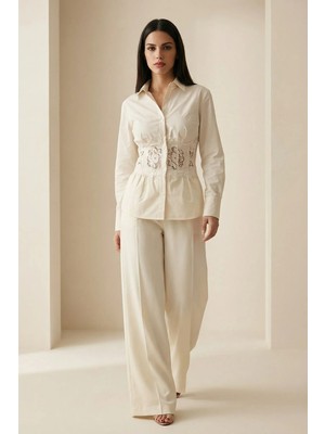 Setre Krem Belden Dantel Detaylı Uzun Kollu Gömlek