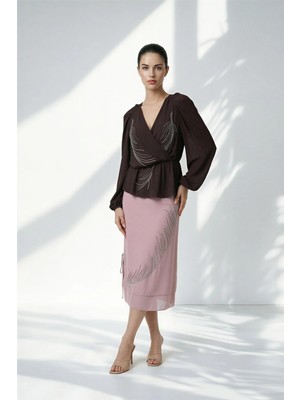 Setre Pudra Taş, ve Tül Detaylı Tam Kalıp Midi Etek