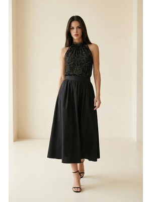 Setre Siyah Tam Kalıp Desenli Midi Boy Etek