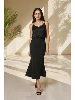 Setre Siyah Balık Formlu Belden Oturtmalı Midi Etek