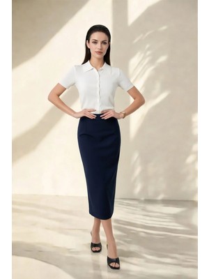 Setre Lacivert Tam Kalıp Midi Kalem Etek