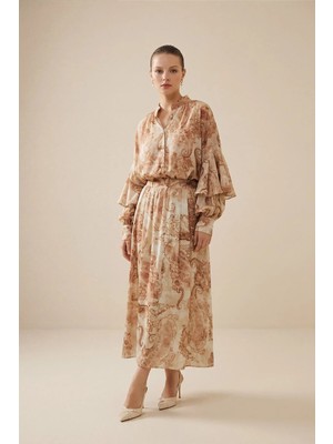 Setre Somon Pile Detaylı Desenli Midi Etek