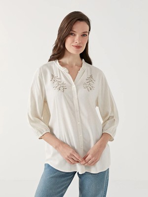 Lc Waikiki Yeni Sezon Kaçık Yaka Çiçekli Keten Karışımlı Kadın Bluz