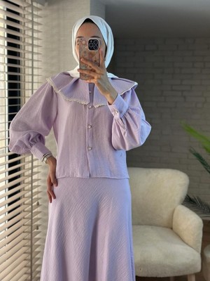 Modamorfo Dantelli Marul Yaka Saf Keten Etekli Takım  -Lila