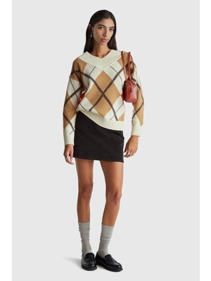 United Colors Of Benetton Mix Kadın / Kız Kdn_yün Karışımlı Baklava Desenli Ribana Detaylı V Yaka Kazak Model Kodu: 1444E204E906