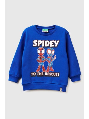 United Colors Of Benetton Saks Mavi Erkek Ek_spiderman Baskılı Logo Etiketli Kabartmalı Nervürlü Sweatshirt Model Kodu: 3EB5G10L519R