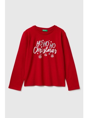 United Colors Of Benetton Kırmızı Kadın / Kız Kj_önü Simli Baskılı Uzun Kollu T-Shirt Model Kodu: 3ATNC10RBKIRMIZI