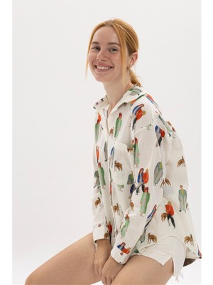 S-Ponder Kadın Vintage Eski Moda Desenli %100 Pamuk Uzun Kollu Gömlek