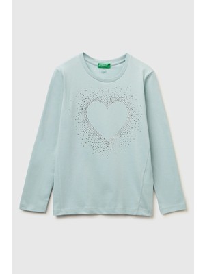 United Colors Of Benetton Su Yeşili Kadın / Kız Kj_önü Kristal Aplikeli Regular Fit Uzun Kollu T-Shirt Model Kodu: 3ATNC10RFSU Yeşili