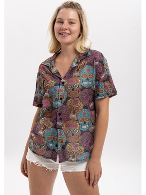 S-Ponder Kadın Meksikalı Kurukafa Desenli %100 Polyester Örme Kısa Kollu Gömlek