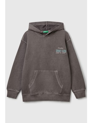 United Colors Of Benetton Antrasit Erkek Ej_baskılı Soluk Efektli Kese Cepli Kapüşonlu Sweatshirt Model Kodu: 3WITC204GANTRASIT