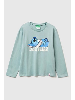 United Colors Of Benetton Su Yeşili Kadın / Kız Kj_önü Baskılı Logo Etiketi Detaylı Uzun Kollu T-Shirt Model Kodu: 35RYC10Q7SU Yeşili
