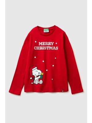 United Colors Of Benetton Kırmızı Kadın / Kız Kj_önü Christmas Baskılı Uzun Kollu T-Shirt Model Kodu: 3ATNC10RJKIRMIZI