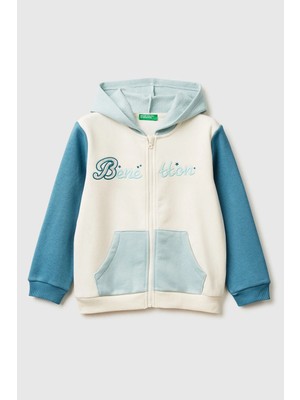 United Colors Of Benetton Ekru-Mavi Kadın / Kız Kk_renk Bloklu Payet Nakışlı Fermuarlı Kapüşonlu Şardonlu Sweatshirt Model Kodu: 39M2G5045EKRU-MAVI