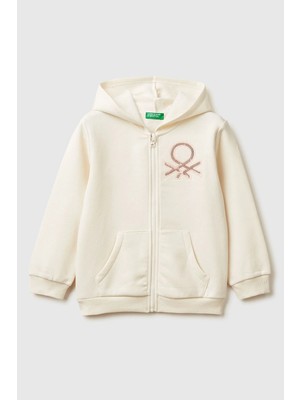United Colors Of Benetton Ekru Kadın / Kız Kk_renk Bloklu Payet Nakışlı Fermuarlı Kapüşonlu Şardonlu Sweatshirt Model Kodu: 39M2G5045EKRU