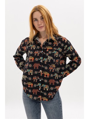 S-Ponder Kadın Fil Desenli %100 Pamuk Uzun Kollu Gömlek