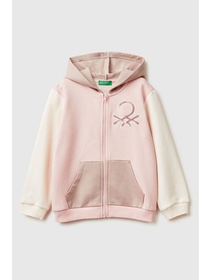 United Colors Of Benetton Pembe-Ekru Kadın / Kız Kk_renk Bloklu Payet Nakışlı Fermuarlı Kapüşonlu Şardonlu Sweatshirt Model Kodu: 39M2G5045PEMBE-EKRU