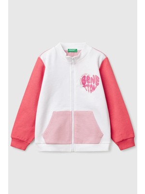 United Colors Of Benetton Beyaz Mix Kadın / Kız Kk_simli Benetton Logo Işlemeli Fermuarlı Sweatshirt Model Kodu: 3J70G503NBEYAZ Mix