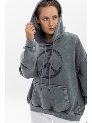 S-Ponder Kadın Peace Taş Ayrıntılı Baskılı Oversize Kapüşonlu %100 Pamuk Sweatshirt